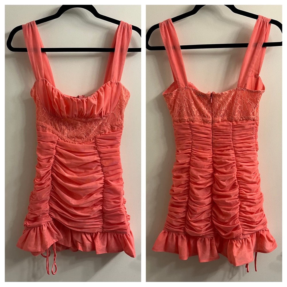Mistress Rocks Coral Lace Ruched Mini Dress Small - Picture 5 of 12